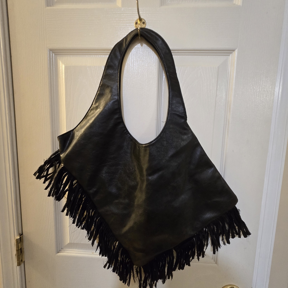 Leather Fringed Black Tote Bag